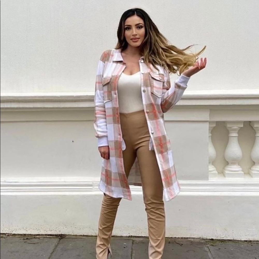 Beige Checked Longline Shacket